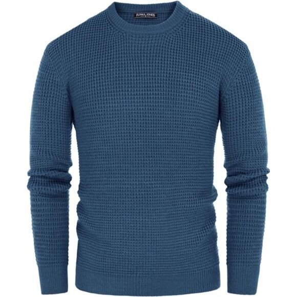 Mens Crewneck Pullover Sweater Waffle Textured Long Sleeve - Picture 2 of 5